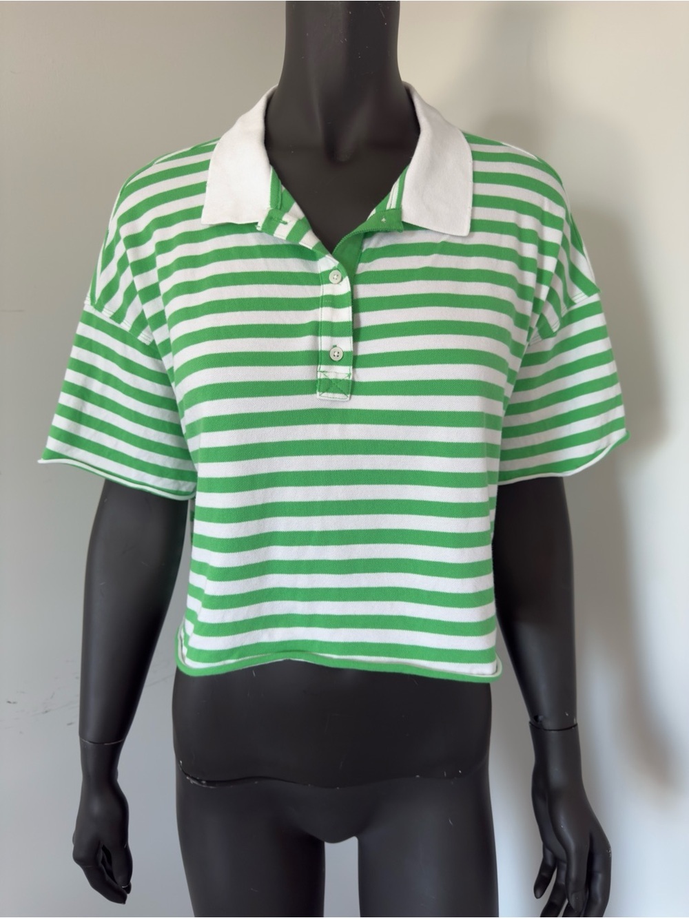 174. Aerie Striped Green & White Cropped Polo Top